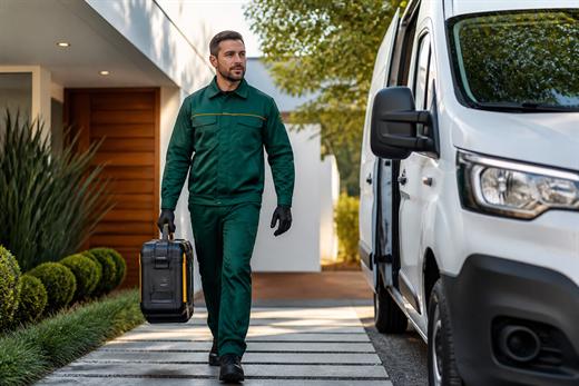 Técnico chegando ao imóvel com equipamento profissional