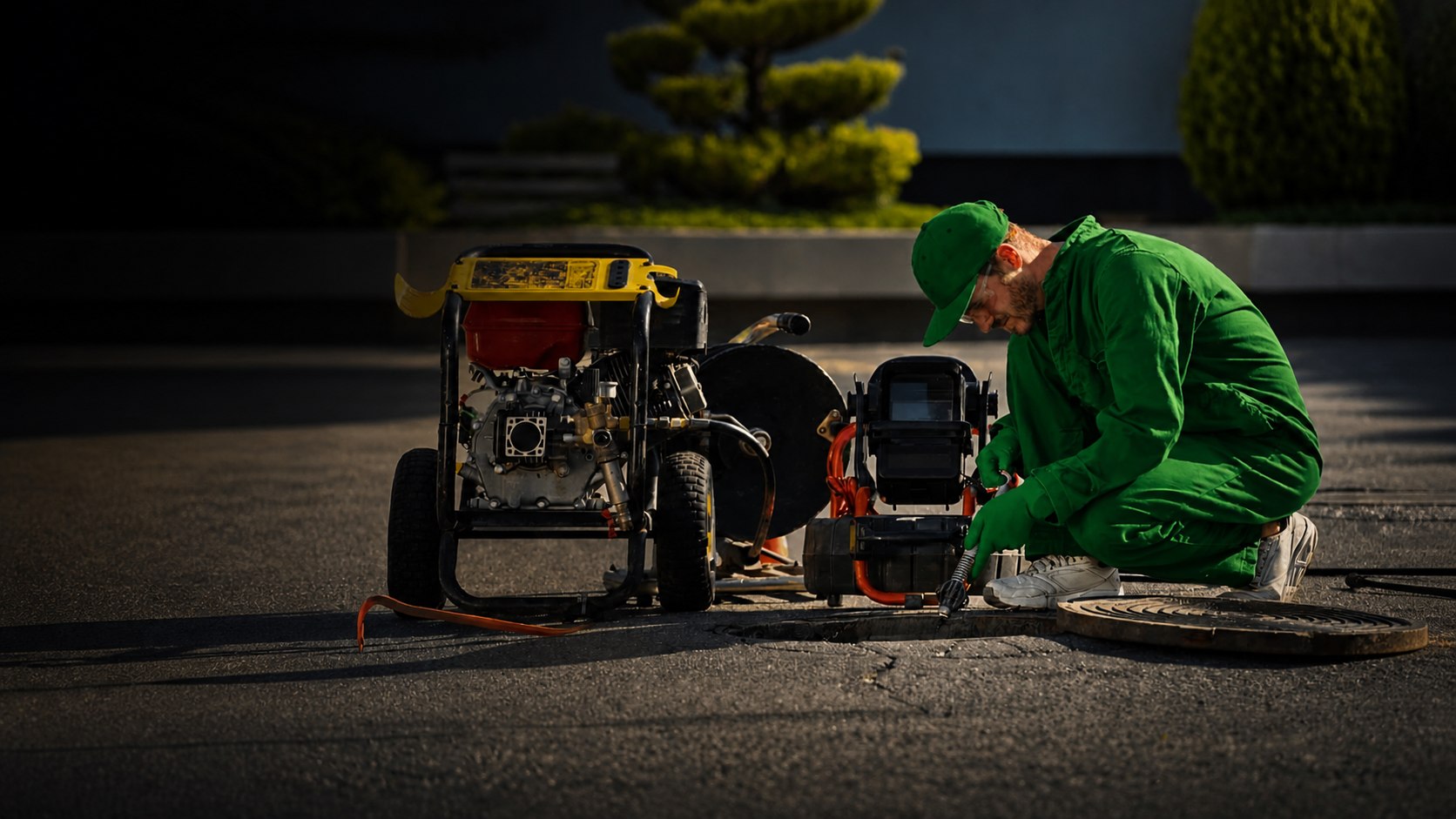Técnico de desentupimento preparando equipamento para atendimento