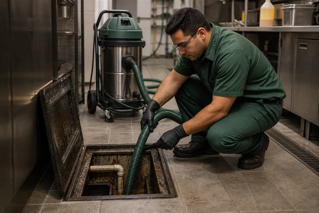 Limpeza sanitária de caixa de gordura em cozinha comercial